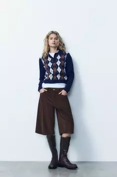 Свитер поло с жаккардовым узором argyle ZARA, темно-синий