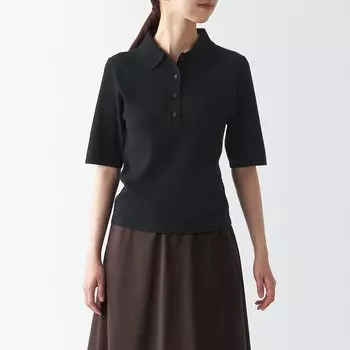 Свитер-поло вязки в рубчик с УФ-вырезом и полурукавами MUJI, черный