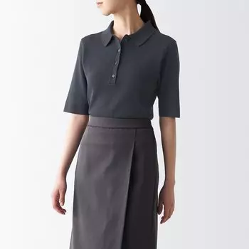 Свитер-поло вязки в рубчик с УФ-вырезом и полурукавами MUJI, темно-серый
