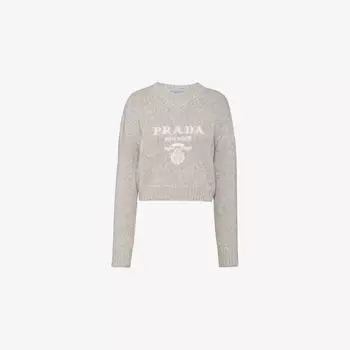 Свитер Prada из шерсти и кашемира с круглым вырезом и логотипом, серый