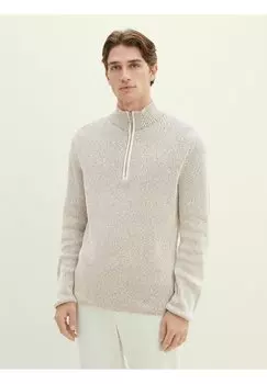 Свитер ПУЛОВЕР И СТРИКДЖЕКЕН STRICKPULLOVER MIT TROYER KRAGEN TOM TAILOR, мулине темно-бежевого цвета