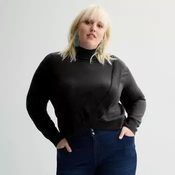 Свитер-пуловер с воротником-стойкой и имитацией запаха большого размера Intempo, черный