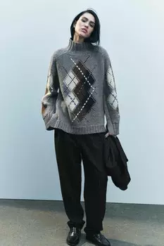 Свитер с алмазной вязкой ZARA, серый мергель