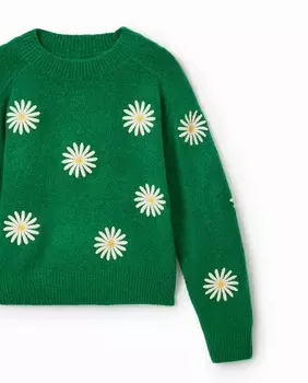 Свитер с цветочной вышивкой для девочки Desigual, зеленый