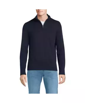 Свитер с длинным рукавом и четвертной молнией из тонкого хлопка Big & Tall Lands' End, синий