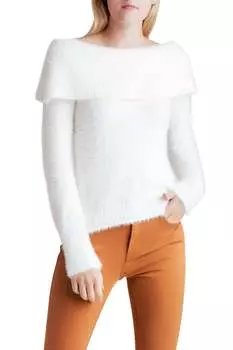 Свитер с длинными рукавами и открытыми плечами из меховой пряжи белого цвета Kensie