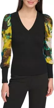 Свитер с длинными рукавами и V-образным вырезом из шифона DKNY, цвет Black/Citrine/Black Multi
