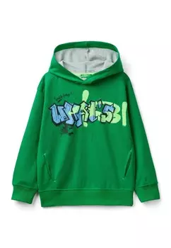 Свитер с капюшоном INTERLOCK WITH SLIT POCKETS AND AT FRONT TAPE APPLIQU AT BACK CUFFS AND HEM United Colors of Benetton, зеленый