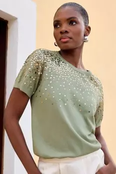 Свитер с короткими рукавами и пайетками Love & Roses, зеленый