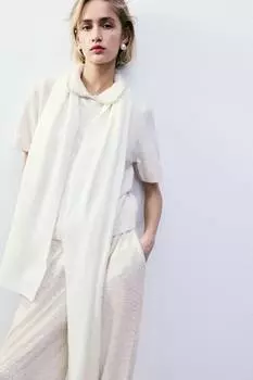 Свитер с короткими рукавами и жемчужным воротником H&M, бежевый