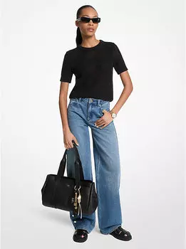Свитер с короткими рукавами из хлопковой и кашемировой сетки Michael Kors, черный