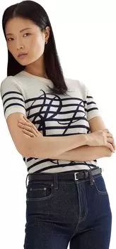 Свитер с короткими рукавами в полоску с логотипом Petite LAUREN Ralph Lauren, цвет Mascarpone Cream/French Navy