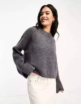 Свитер с круглым вырезом ASOS с широкими манжетами и разрезом из смесовой шерсти альпаки темно-серого цвета
