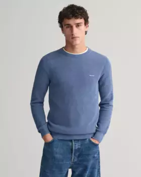 Свитер с круглым вырезом "COTTON PIQUE C-NECK" и вышитым логотипом на груди Gant, синий