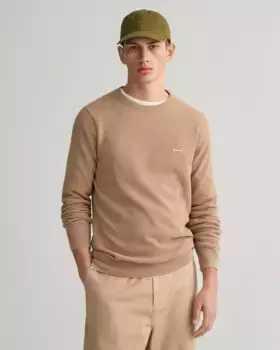 Свитер с круглым вырезом "COTTON PIQUE C-NECK" и вышитым логотипом на груди Gant, хаки