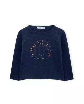 Свитер с круглым вырезом для девочки с вышивкой спереди KNOT, синий