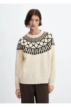 Свитер с круглым вырезом и каймой Mango, белый