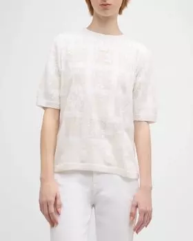 Свитер с круглым вырезом и рукавами до локтя, интарсия Lafayette 148 New York, цвет Cloud