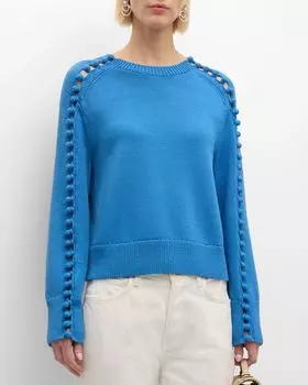 Свитер с круглым вырезом и рукавами на пуговицах Lafayette 148 New York, цвет Delphinium Blue
