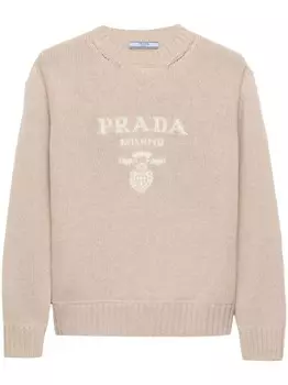 Свитер с круглым вырезом и жаккардовым логотипом Prada, нейтральный цвет