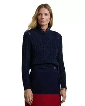 Свитер с круглым вырезом из смеси хлопка и арановой вязки Ralph Lauren, синий