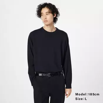 Свитер с круглым вырезом из сверхтонкой мериносовой шерсти , мужской PLST, темно-синий