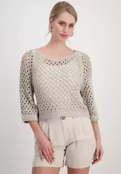 Свитер с круглым вырезом Monari, выполненный из ажурной вязки, бежевый