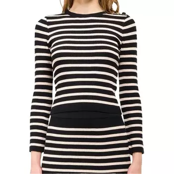 Свитер с круглым вырезом полосками и пуговицами Kontatto, черный