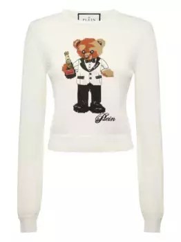 Свитер с круглым вырезом, расшитый мишкой Тедди Philipp Plein, белый