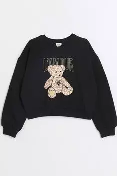 Свитер с леопардовым мишкой для девочек River Island, черный