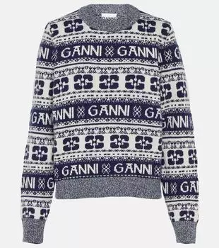 Свитер с логотипом из смесовой шерсти Ganni, синий