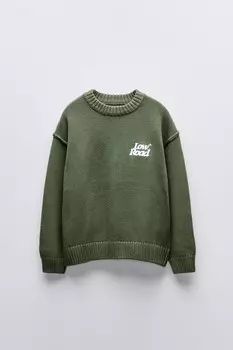 Свитер с лозунговым принтом ZARA, зеленый