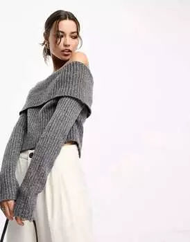 Свитер с открытыми плечами ASOS в массивную рубчик темно-серого цвета