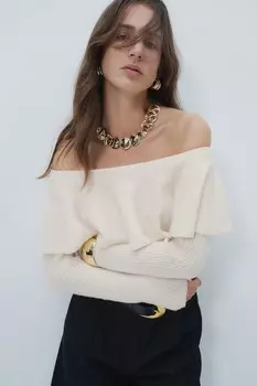 Свитер с открытыми плечами и воланом H&M, бежевый