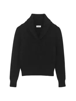 Свитер с отложным воротником из шерстяной рубчатой ткани Saint Laurent, черный