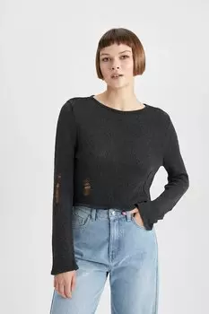 Свитер с овальным вырезом и эффектом потертости Defacto, серый