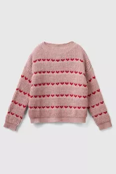 /Свитер с принтом красного сердца Benetton, розовый