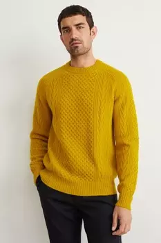 Свитер с содержанием кашемира, узор косы из смеси шерсти C&A, желтый