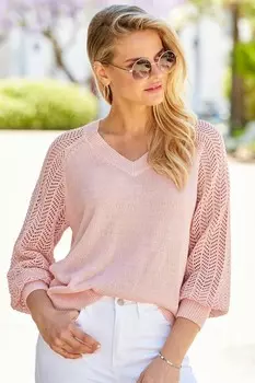 Свитер с V-образным вырезом и ажурными рукавами Sosandar, розовый