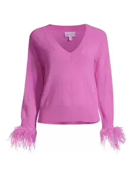 Свитер с V-образным вырезом и манжетами из перьев Milly, фиолетовый