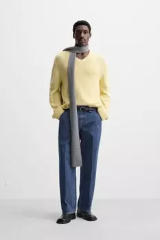 Свитер с v-образным вырезом и текстурным узором ZARA, желтый