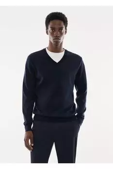 Свитер с v-образным вырезом из 100% мериносовой шерсти Mango, темно-синий
