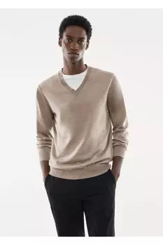 Свитер с v-образным вырезом из 100% мериносовой шерсти Mango, бежевый