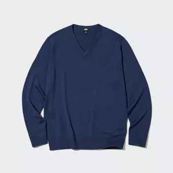 Свитер с v-образным вырезом из 100% очень тонкой мериносовой шерсти UNIQLO, синий