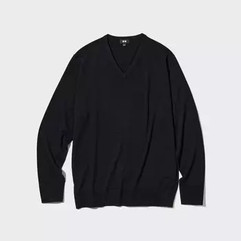 Свитер с v-образным вырезом из 100% очень тонкой мериносовой шерсти UNIQLO, черный