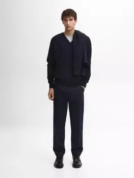 Свитер с V-образным вырезом из смеси шерсти и кашемира Massimo Dutti, синий