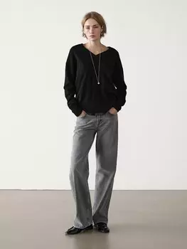 Свитер с V-образным вырезом из смеси шерсти и кашемира Massimo Dutti, черный