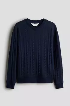 Свитер с V-образным вырезом косой вязки H&M, синий