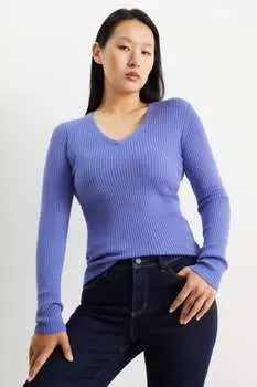 Свитер с v-образным вырезом в рубчик C&A, фиолетовый