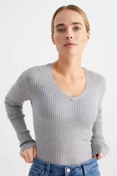 Свитер с v-образным вырезом в рубчик C&A, серый